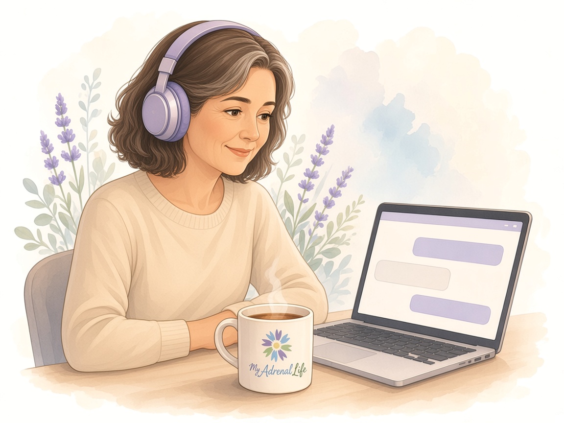 Illustration of Ask ADDI, a friendly woman with a headset at a computer with a My Adrenal Life mug.